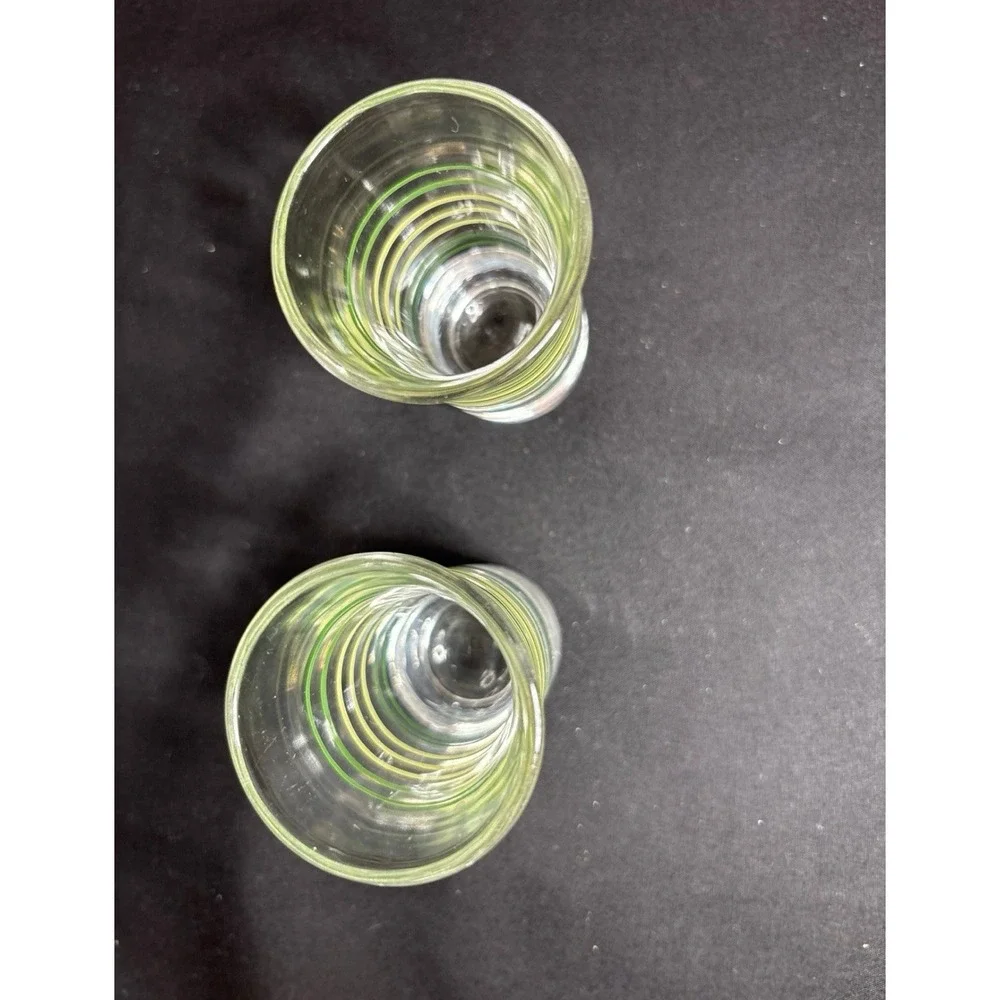 Set of 2 Vintage Green Striped Shot Glasses ~ Weighted Bottom ~ 2 7/8